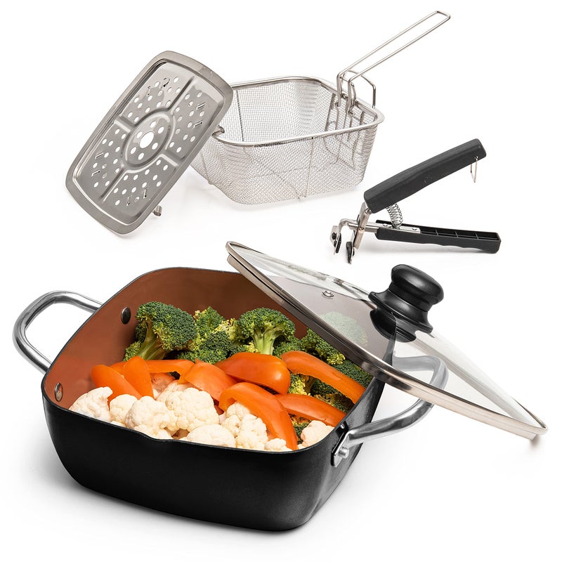 Moss & Stone Copper 5 Piece Set Chef Cookware  9.5  Non Stick Pan  Deep Square Pan  Fry Basket  Steamer Tray  Dishwasher & Oven Safe  5 Quart Copper Pot Set  Black Induction Cookware Set - Image 1